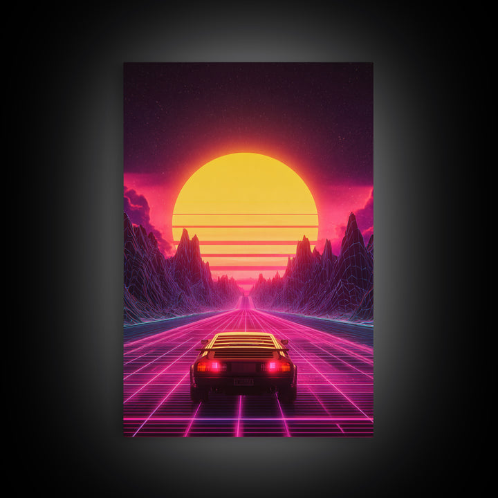 Retro Futuristic Neon Sunset Landscape With Car Driving On Road Wall Art Canvas Print Modern Home Decor For Living Room