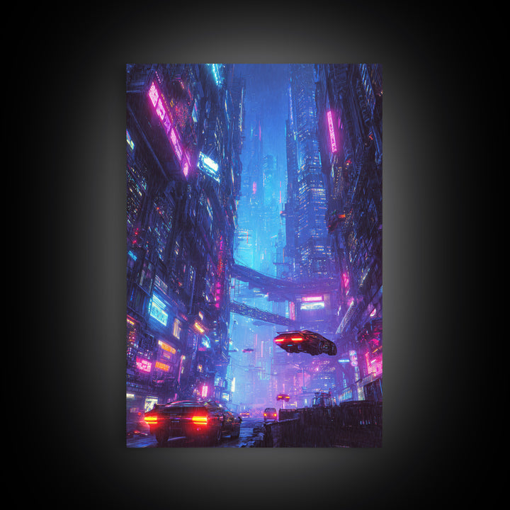 Cyberpunk Cityscape Night Scene Neon Lights Digital Wall Art Framed Canvas Print for Modern Home Decor