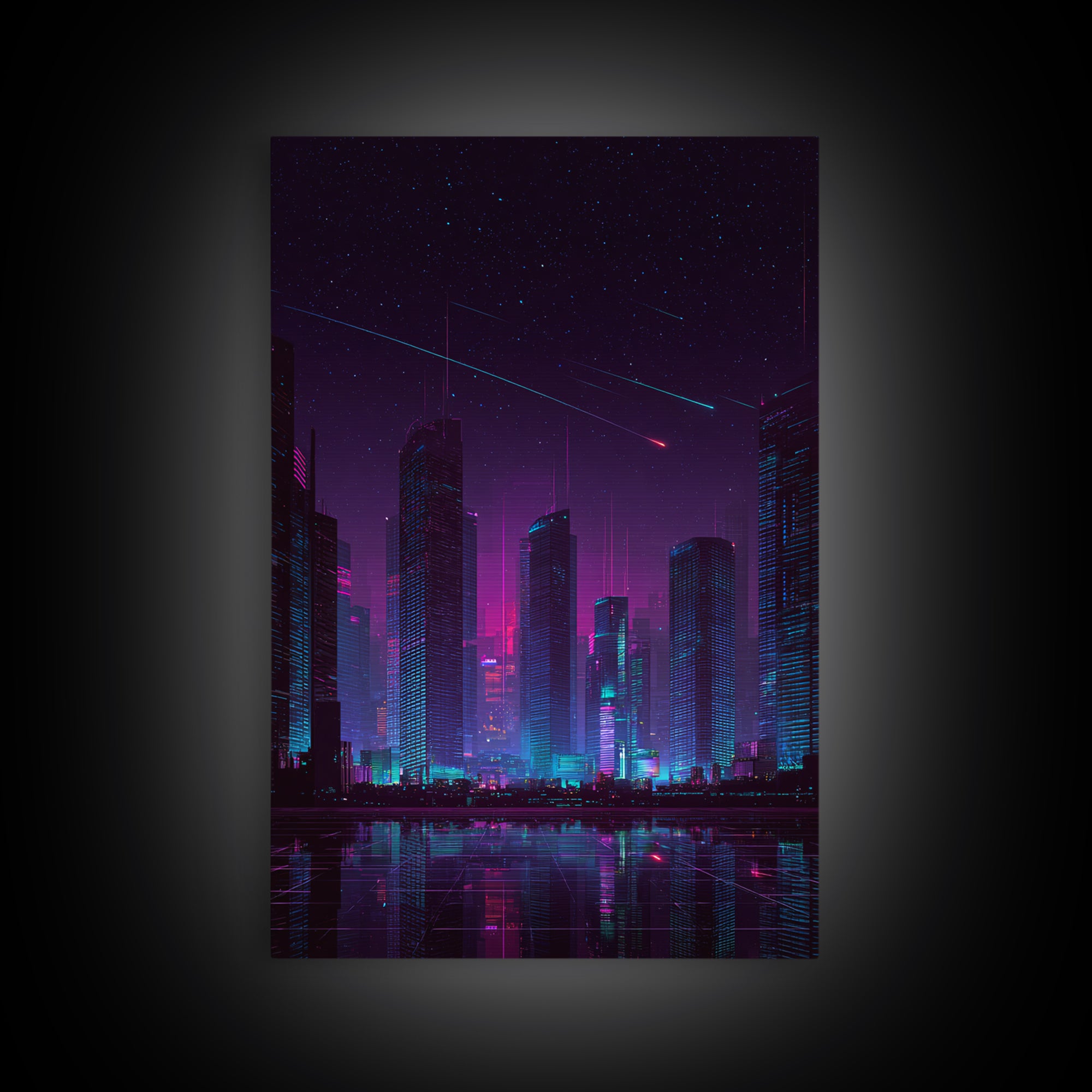Cyberpunk Neon Cityscape Night Scene With Reflective Water And Shooting Stars Modern Wall Art For Office And Living Room Canvas Print