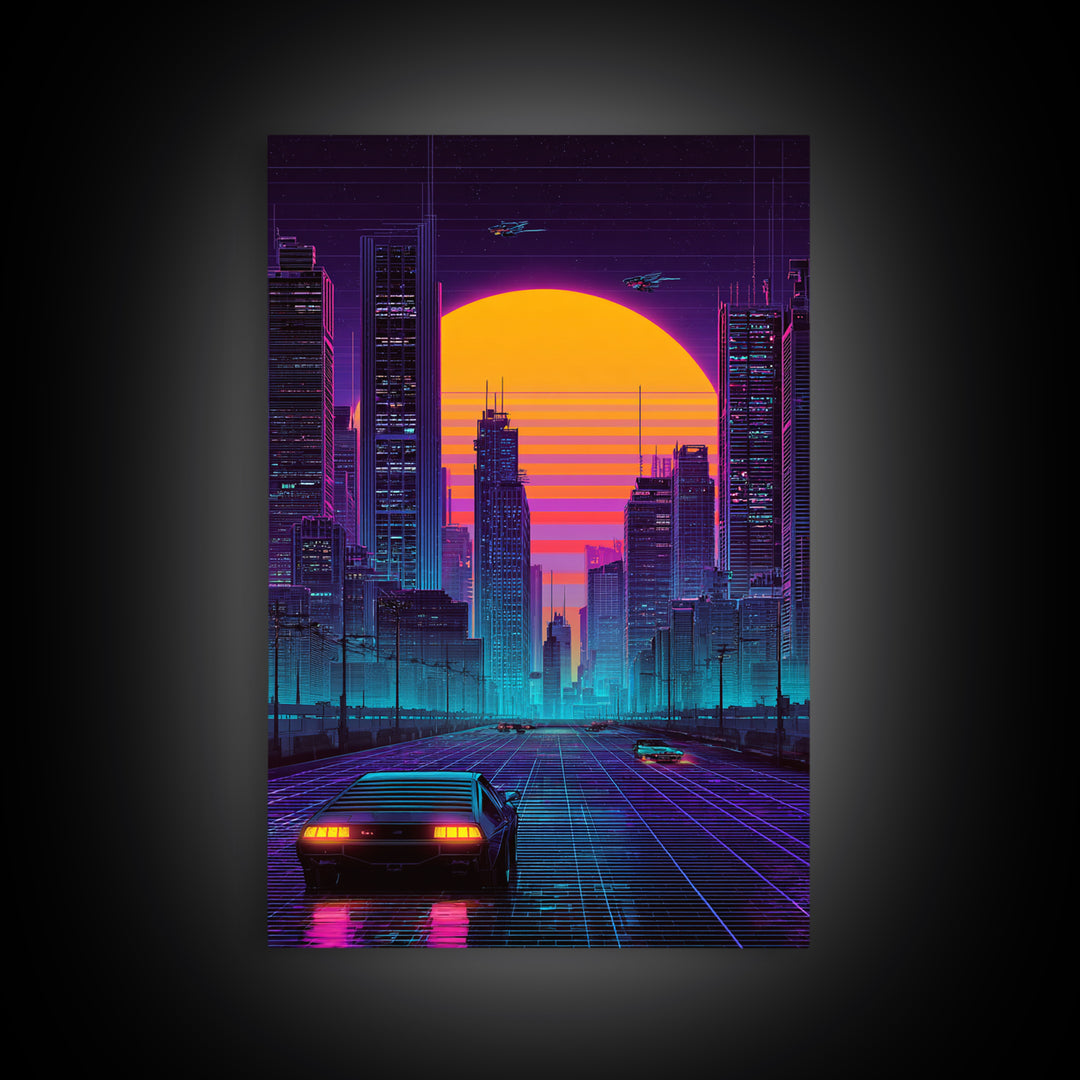 Futuristic Cityscape Digital Artwork With Neon Lights And Retro Sunset Beautiful Contemporary Wall Art Print For Office Decor