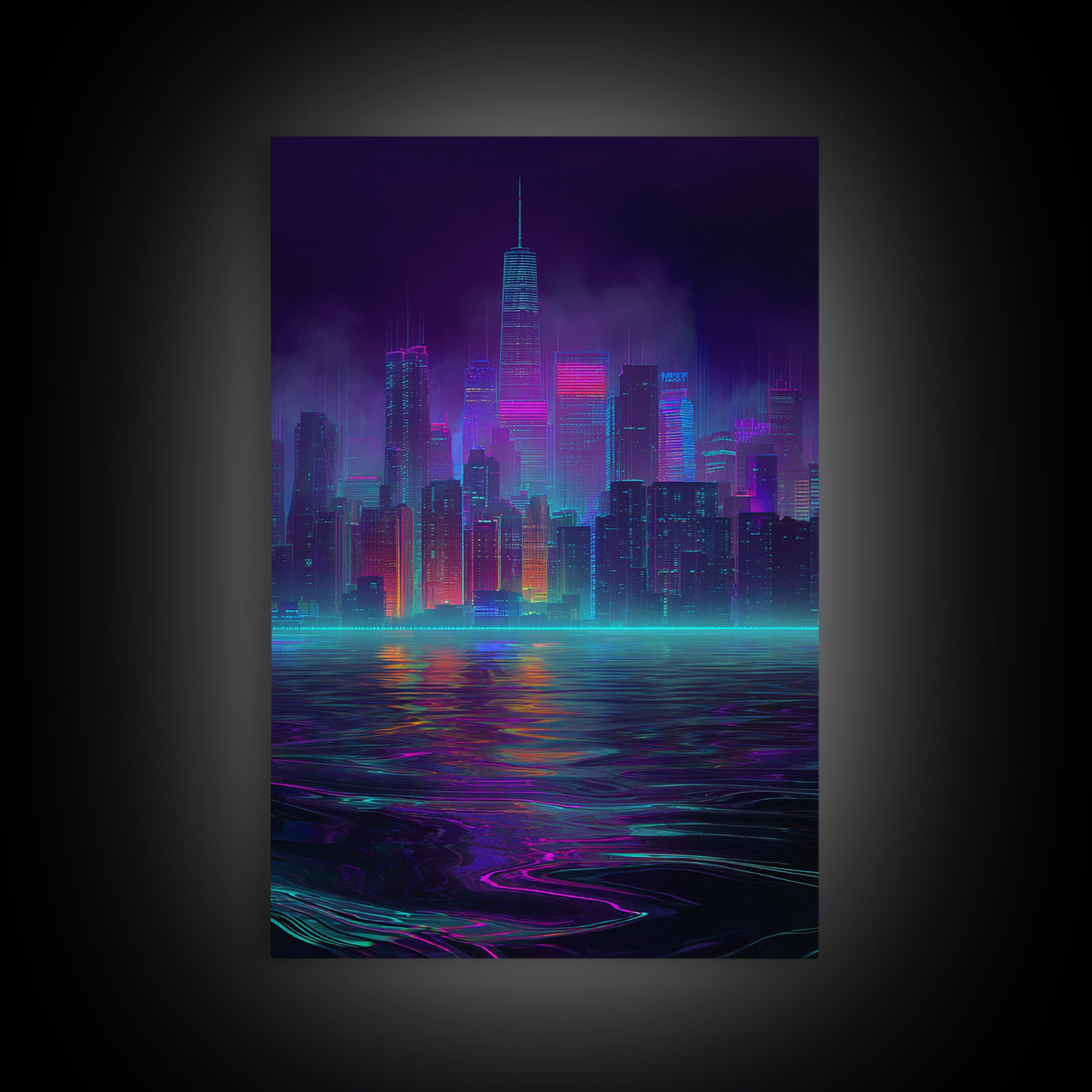 Neon Cyberpunk Cityscape With Reflections Futuristic Digital Wall Art Framed Canvas Print
