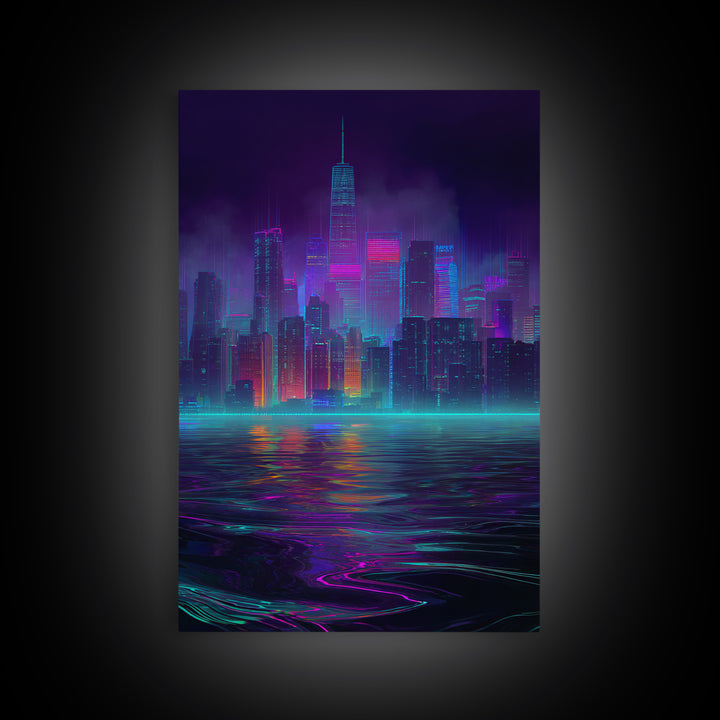 Neon Cyberpunk Cityscape With Reflections Futuristic Digital Wall Art Framed Canvas Print