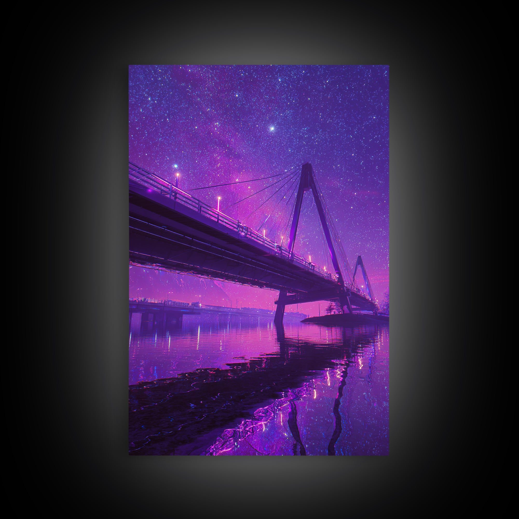 Digital 80s Style Neon Mountain Landscape With Purple Glowing River Wall Art Framed Canvas Print For Retro Modern Home Decor