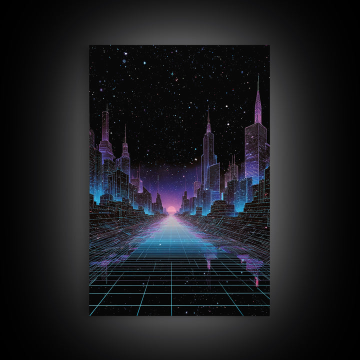 Futuristic Neon Cyberpunk City Nightscape Digital Art Wall Art Canvas Print Modern Urban Decor Aesthetic Gaming Room