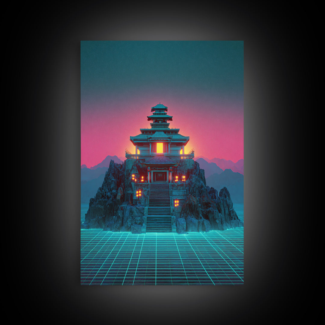 Futuristic Cyberpunk Japanese Temple Digital Artwork Wall Art Vibrant Canvas Print Perfect For Modern Home Decor