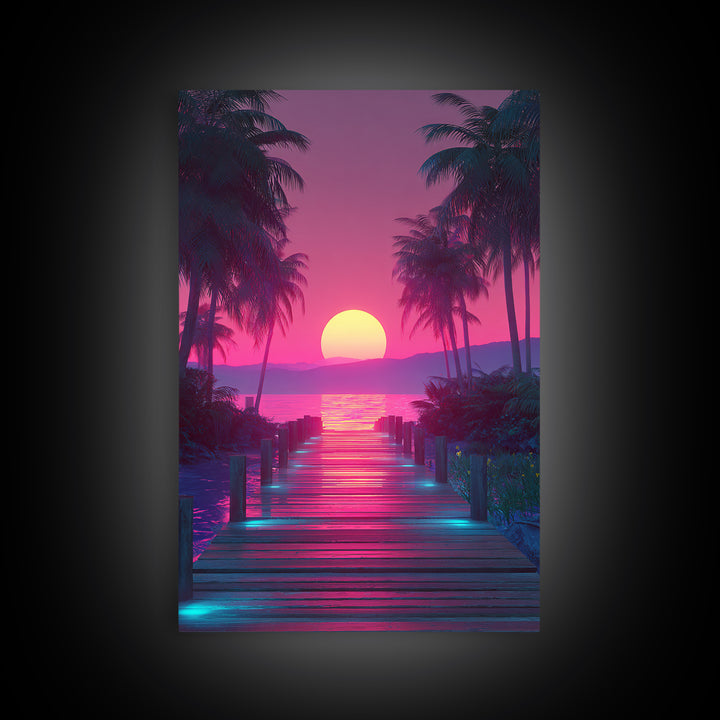 Retro Futuristic Neon Pink Sunset Over Waterfront Pier With Palm Trees Wall Art Framed Canvas Print For Vibrant Home Decor