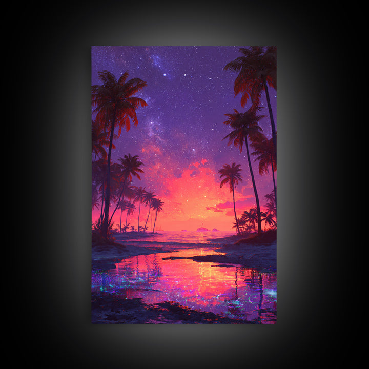 Vibrant Tropical Beach Sunset With Starry Sky Landscape Wall Art For Home Decor Framed Canvas Print