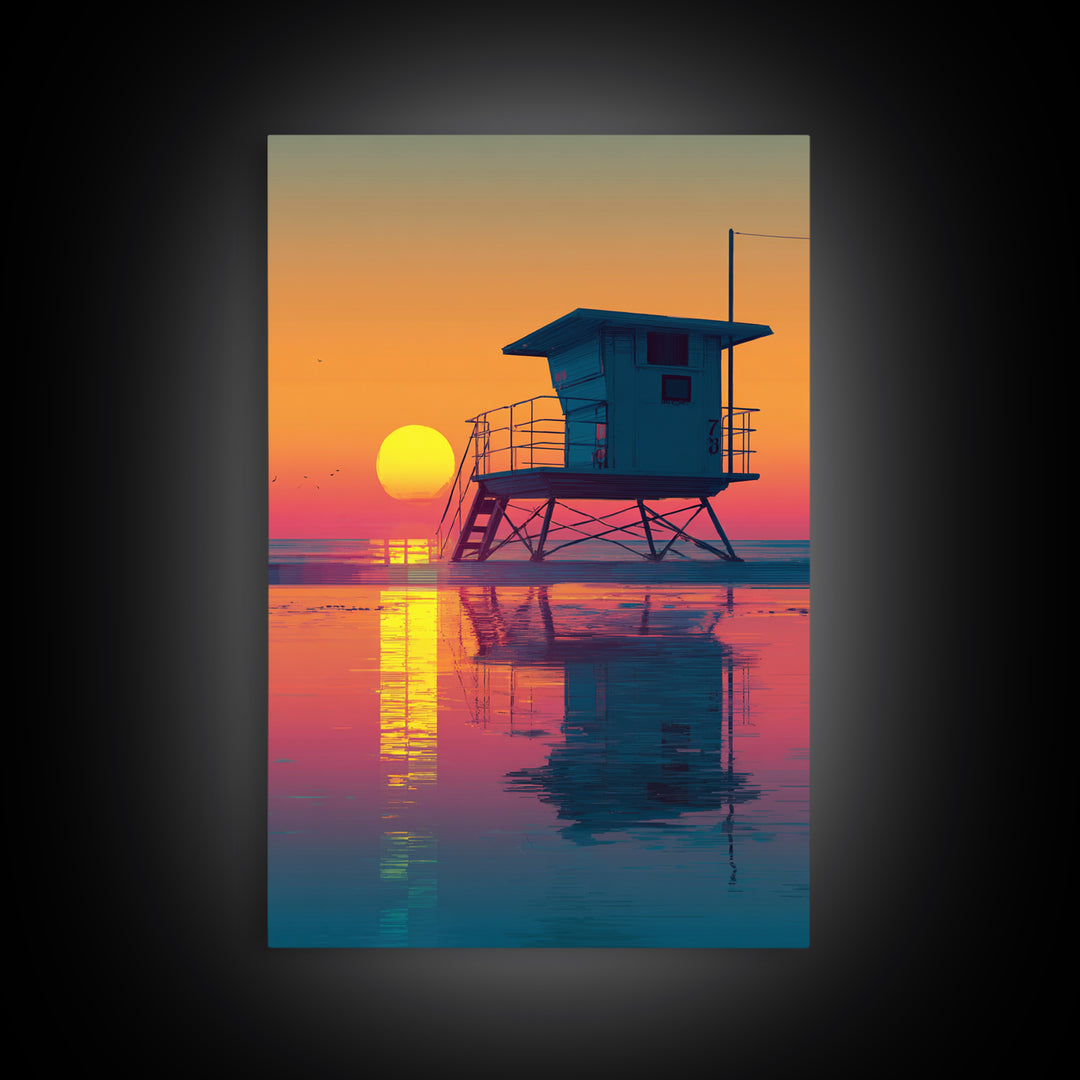 Sunset Beach Scene With Lifeguard Tower Reflecting On Water Modern Wall Art Digital Canvas Print