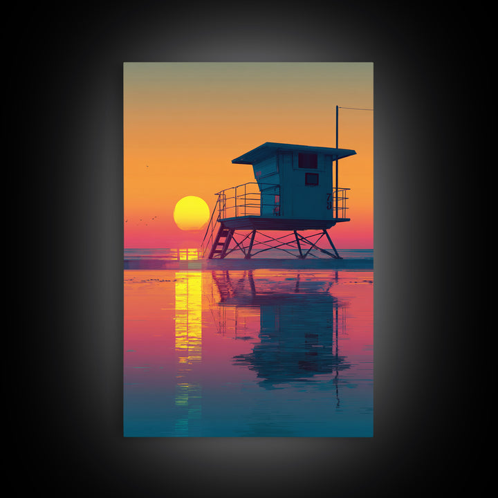 Sunset Beach Scene With Lifeguard Tower Reflecting On Water Modern Wall Art Digital Canvas Print