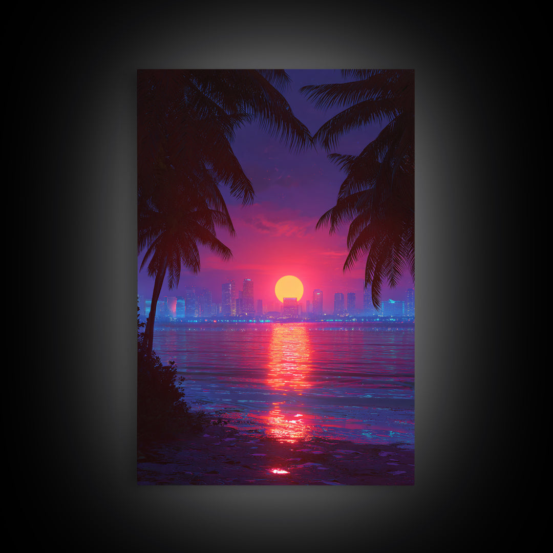 Retrowave Neon Sunset Cityscape Wall Art Canvas Print Modern Wall Art Miami Home Decor