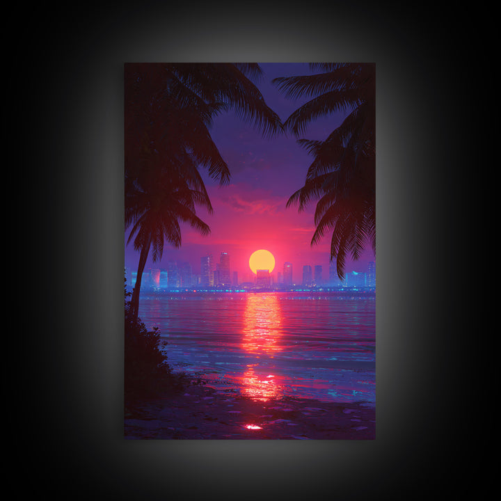 Retrowave Neon Sunset Cityscape Wall Art Canvas Print Modern Wall Art Miami Home Decor