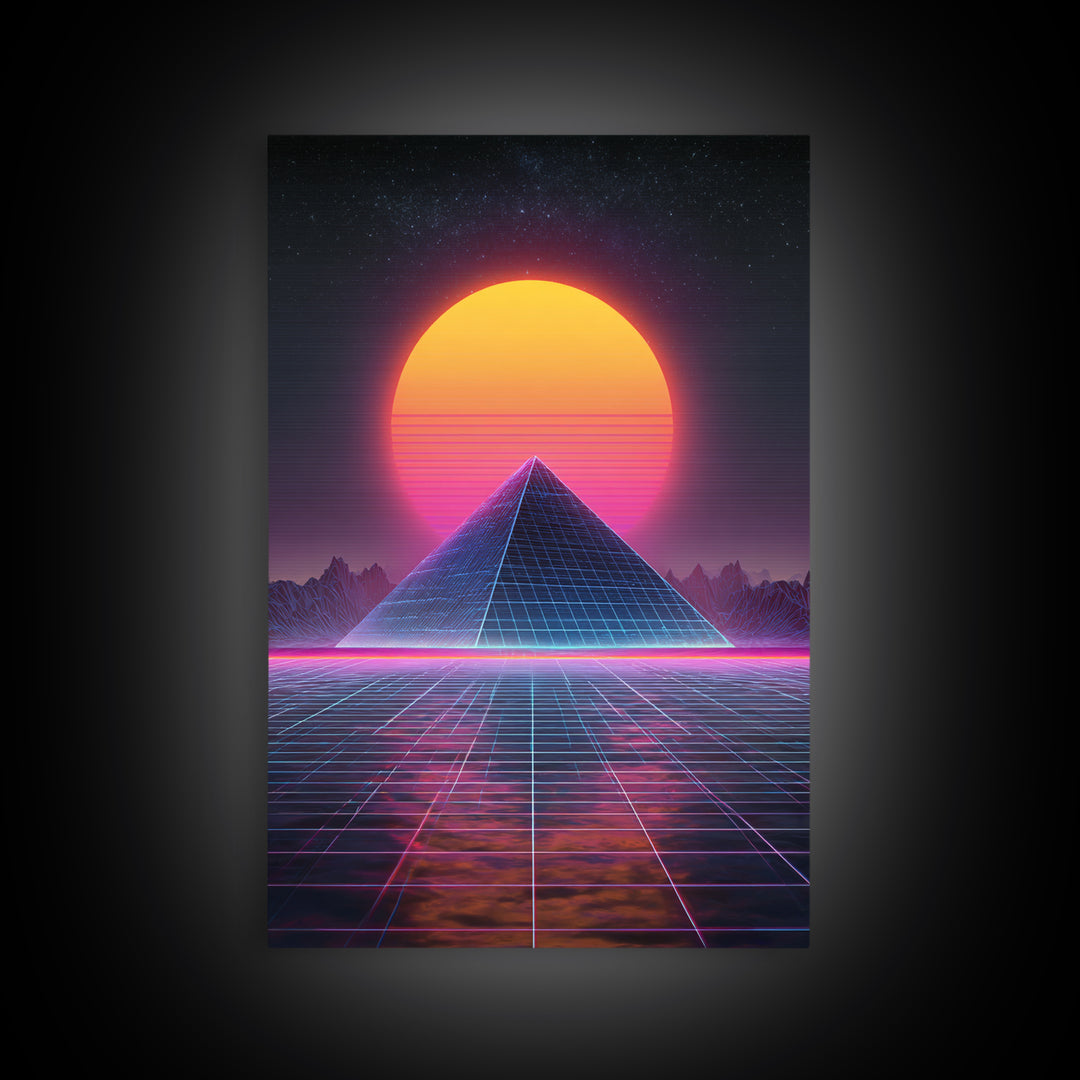 Retro Futuristic Neon Pyramid Digital Artwork Wall Art Framed Canvas Print For Sci Fi Bedroom Decor Modern Tech Art Gift