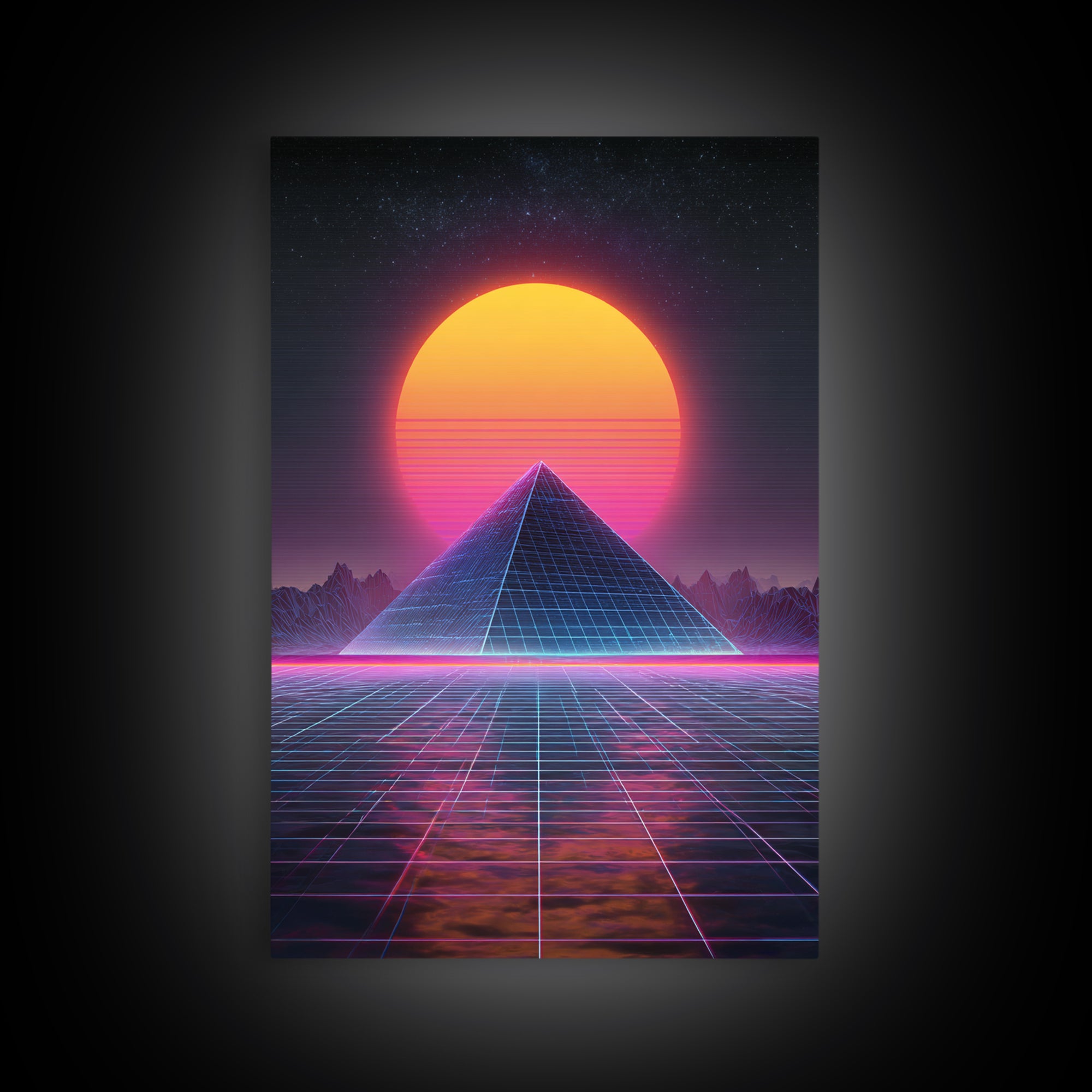 Retro Futuristic Neon Pyramid Digital Artwork Wall Art Framed Canvas Print For Sci Fi Bedroom Decor Modern Tech Art Gift