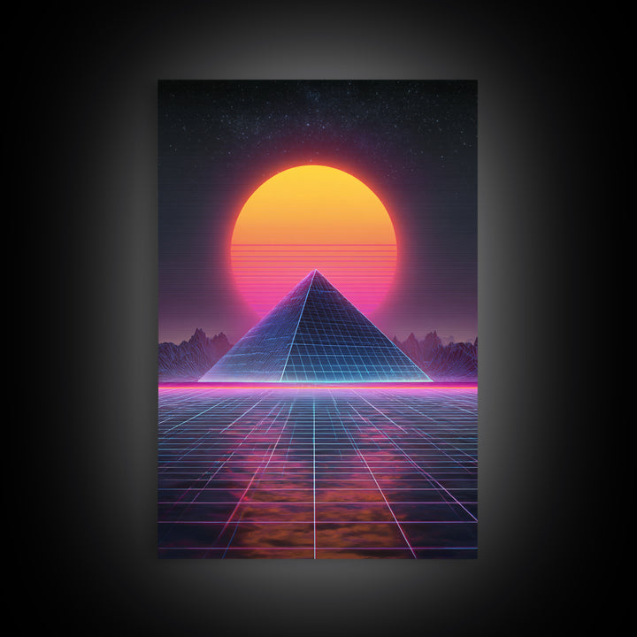 Retro Futuristic Neon Pyramid Digital Artwork Wall Art Framed Canvas Print For Sci Fi Bedroom Decor Modern Tech Art Gift