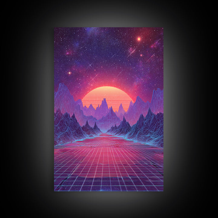 Surreal Futuristic Mountain Sunset Digital Canvas Print, Neon Grid Landscape Wall Art, Sci-Fi Inspired Modern Decor