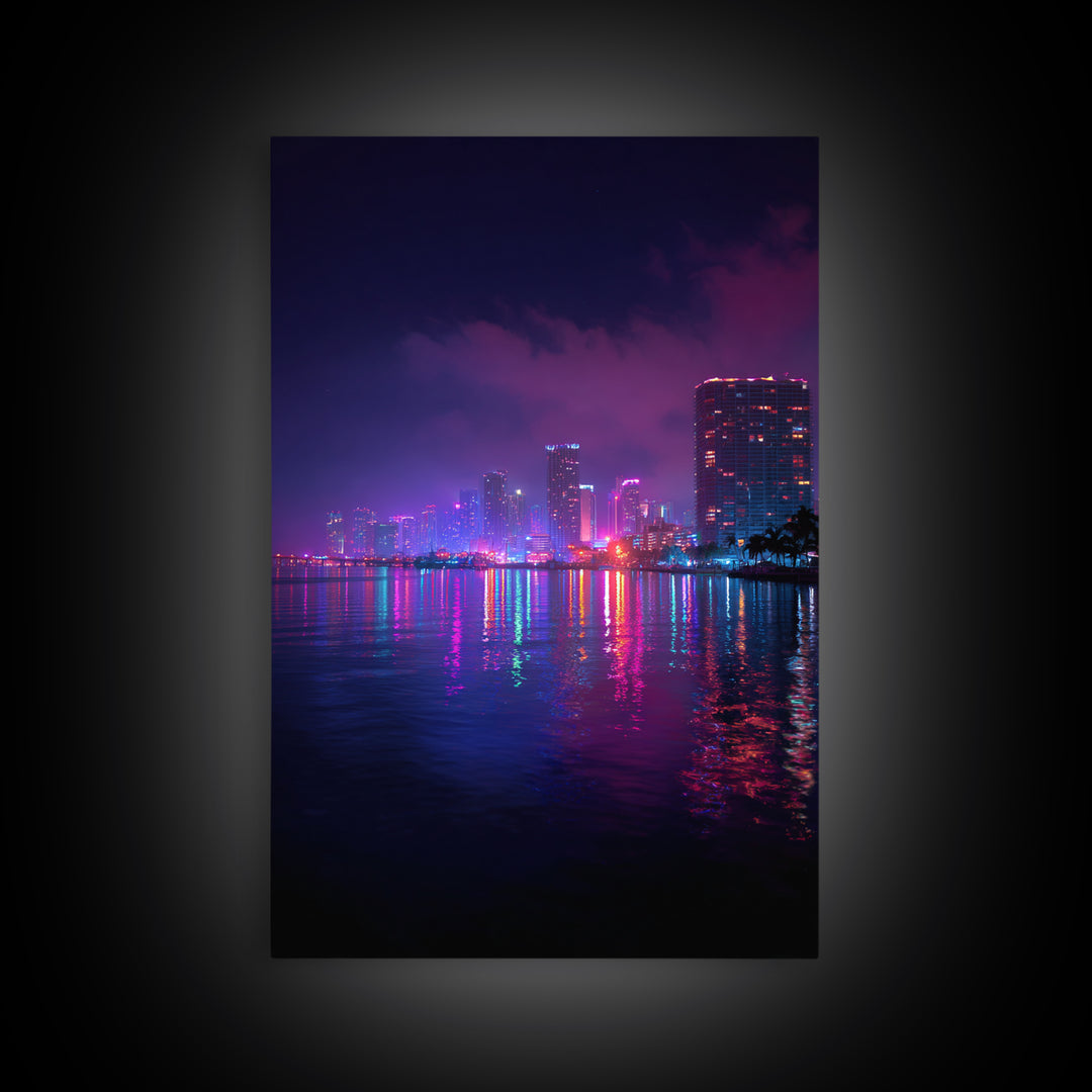 Miami City Lights Neon Reflection At Night Urban Wall Art Modern Canvas Print For Office Decor And Living Room
