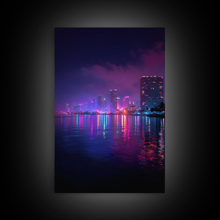 Miami City Lights Neon Reflection At Night Urban Wall Art Modern Canvas Print For Office Decor And Living Room