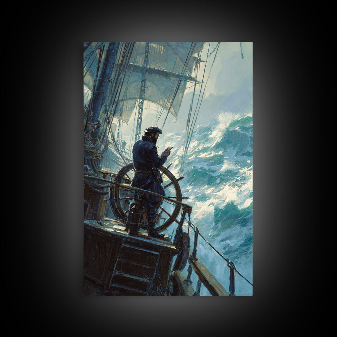 Stormy Sailor At Ship Wheel Large Canvas Print, Nautical Seascape Wall Art, Ocean Painting, Coastal Decor For Living Room