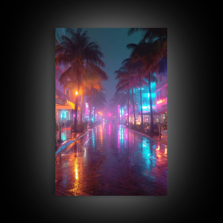 Wet Neon City Street At Night Rainfall Reflection Wall Art Modern Canvas Print For Bedroom And Living Room Decor