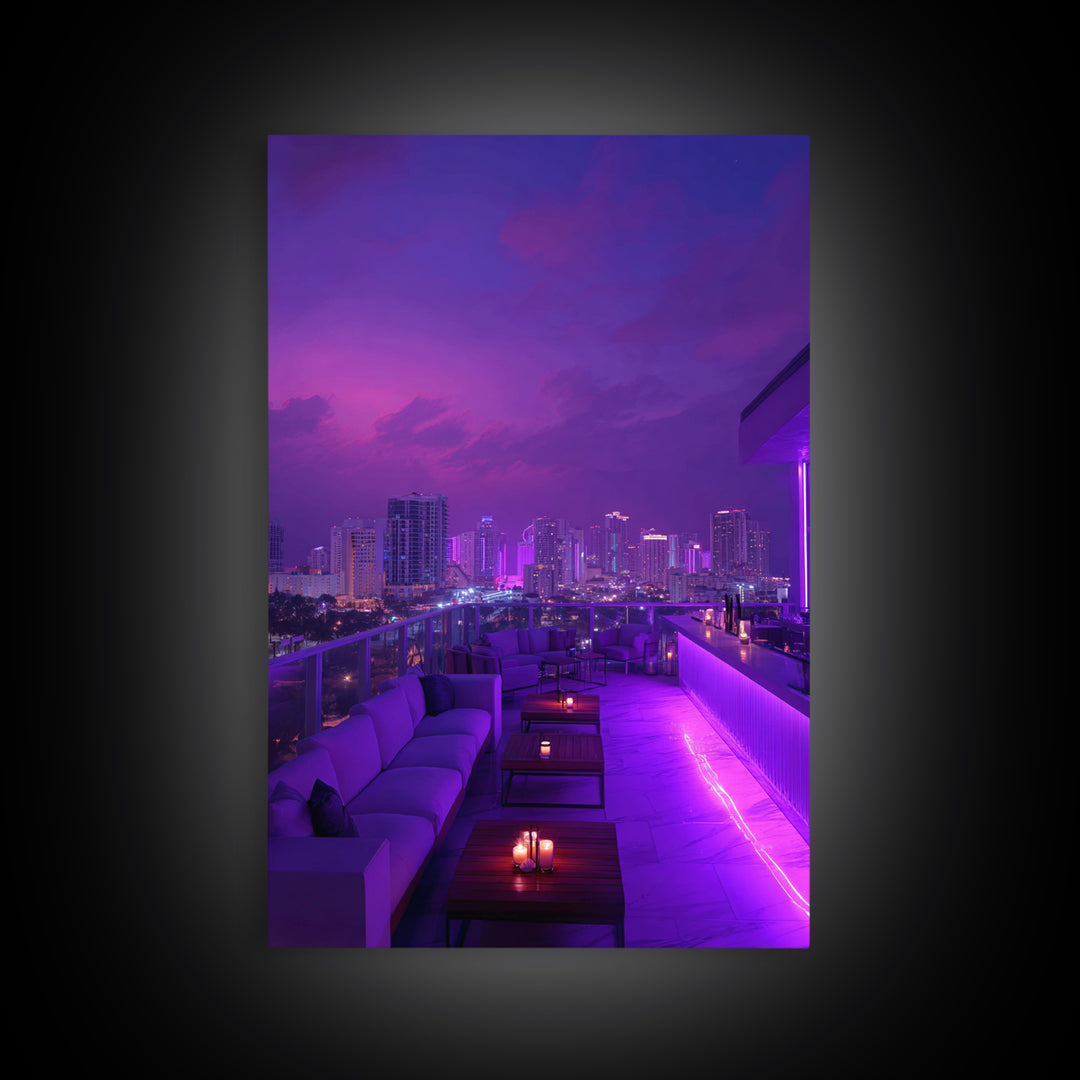 Modern City Nightscape With Vibrant Purple Neon Lights Wall Art Canvas Print Trendy Home Décor For Living Room