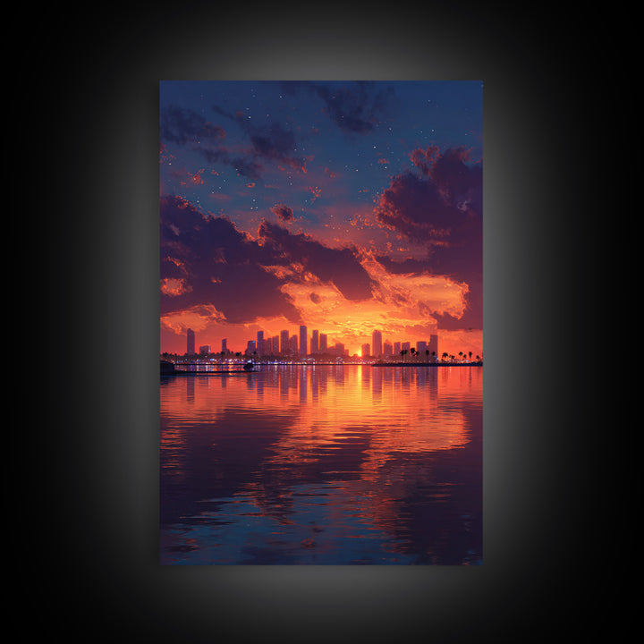 Stunning City Skyline Sunset Landscape Reflection Wall Art Canvas Print For Modern Home Decor