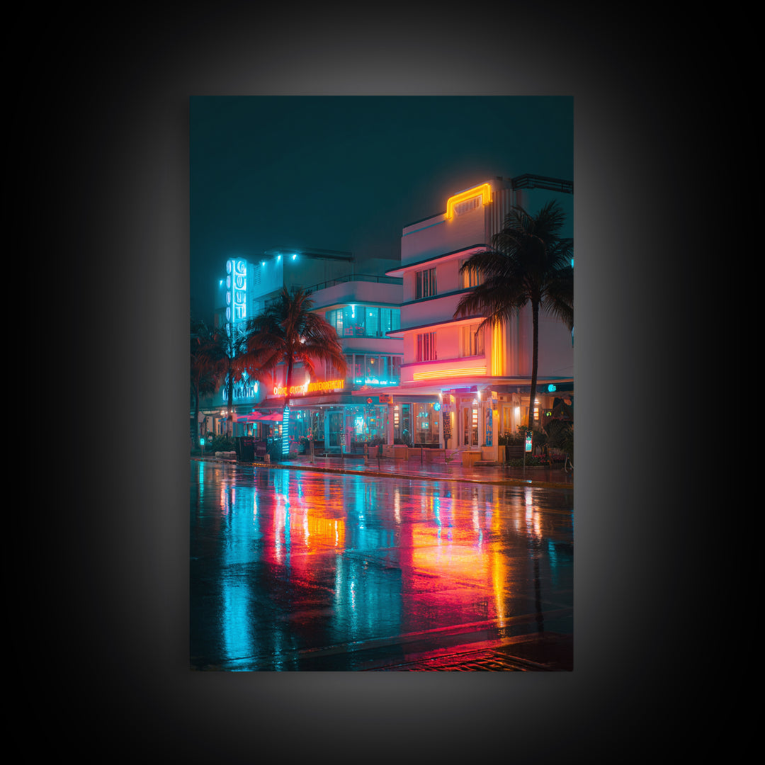 Neon City Night Scene With Palm Trees And Vibrant Lights Ultra Modern Wall Art Framed Canvas Print For Urban Home Decor
