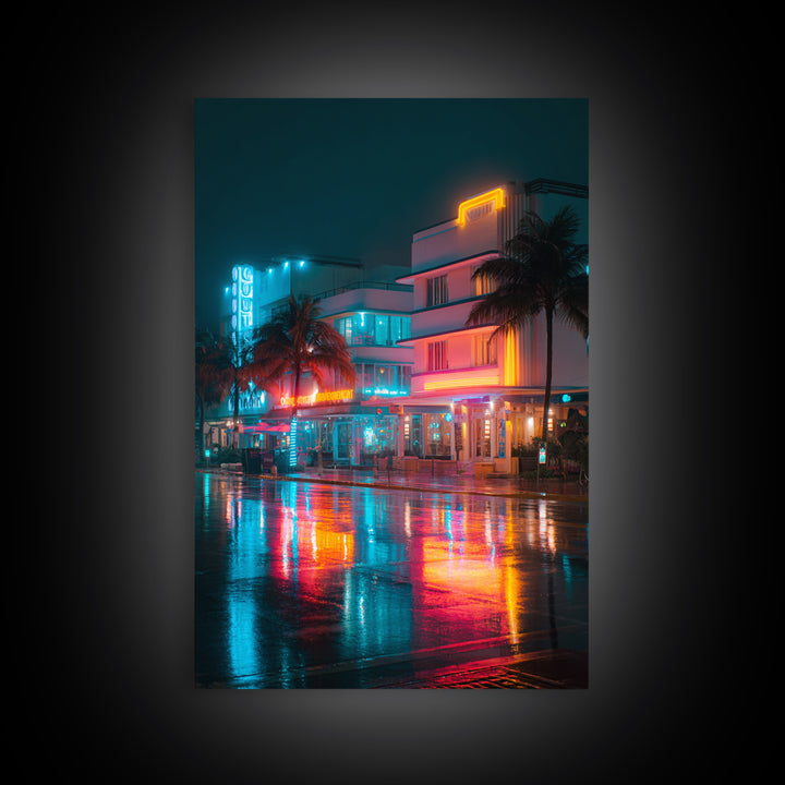 Neon City Night Scene With Palm Trees And Vibrant Lights Ultra Modern Wall Art Framed Canvas Print For Urban Home Decor
