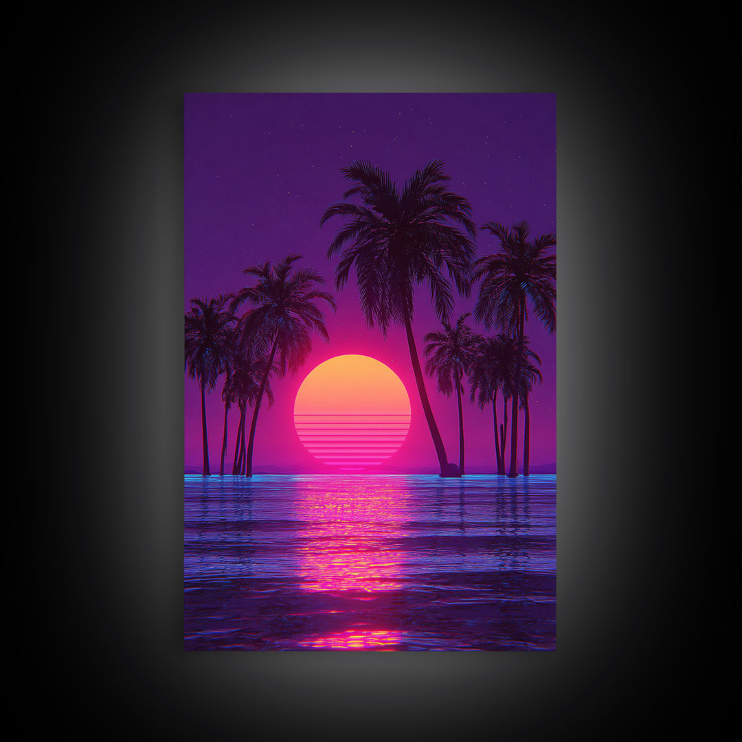 Vivid Neon Sunset With Palm Trees And Reflective Waterfall Retro Futuristic Landscape Wall Art Canvas Print