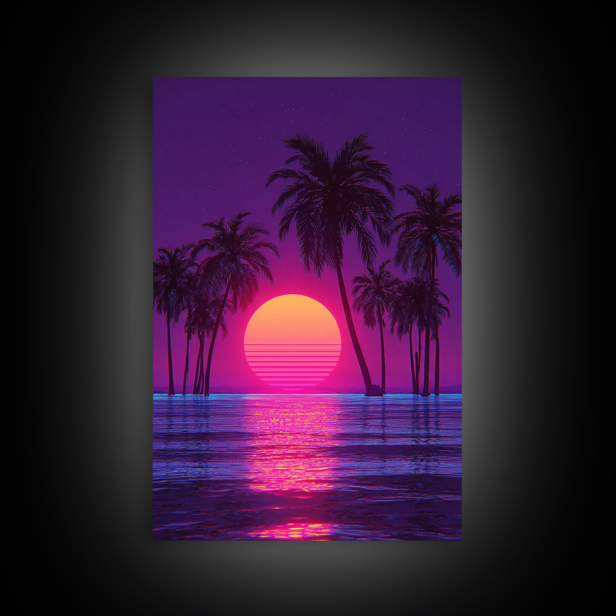 Vivid Neon Sunset With Palm Trees And Reflective Waterfall Retro Futuristic Landscape Wall Art Canvas Print