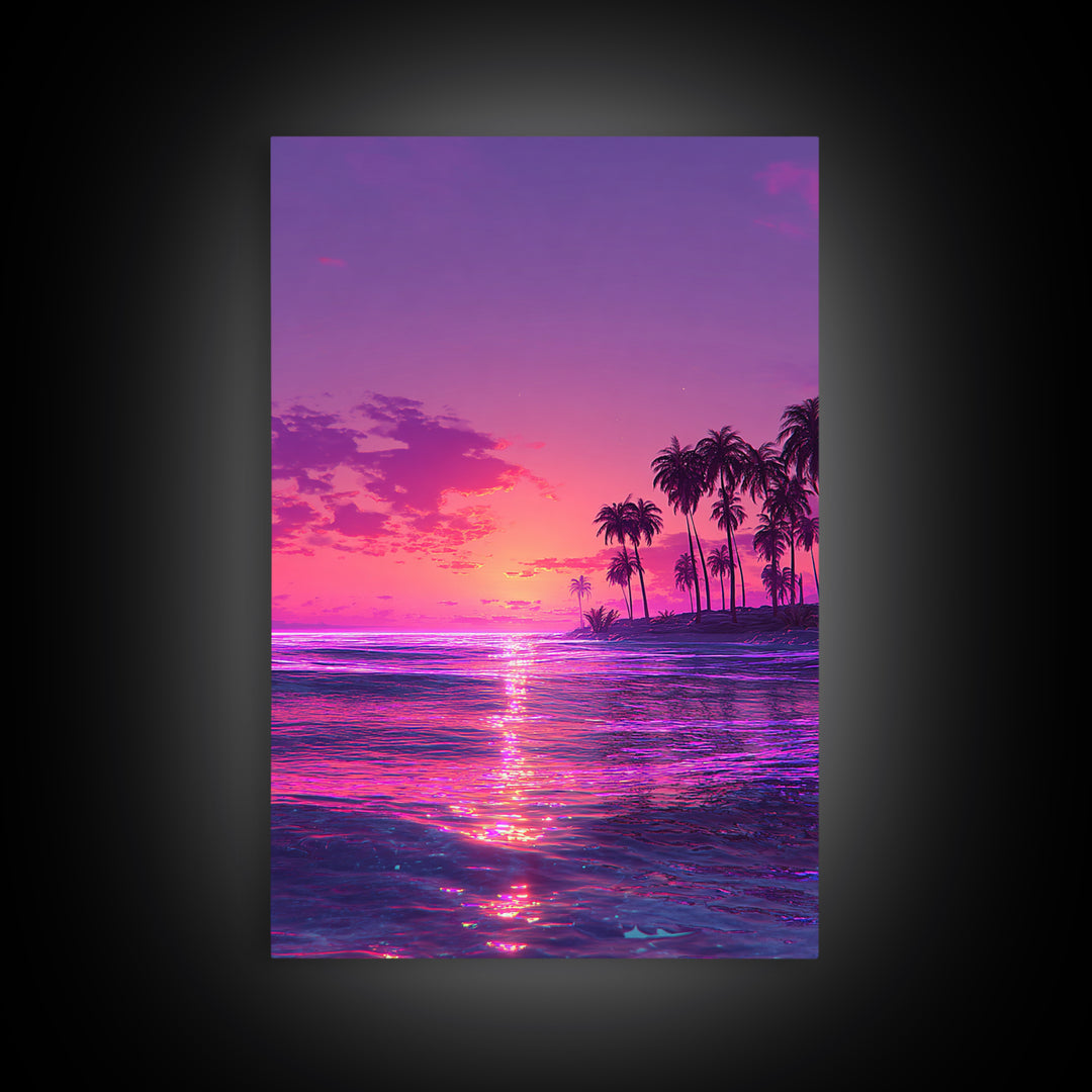 Vibrant Neon Pink And Purple Tropical Sunset With Palm Trees Coastal Wall Art Canvas Print For Modern Beach Decor