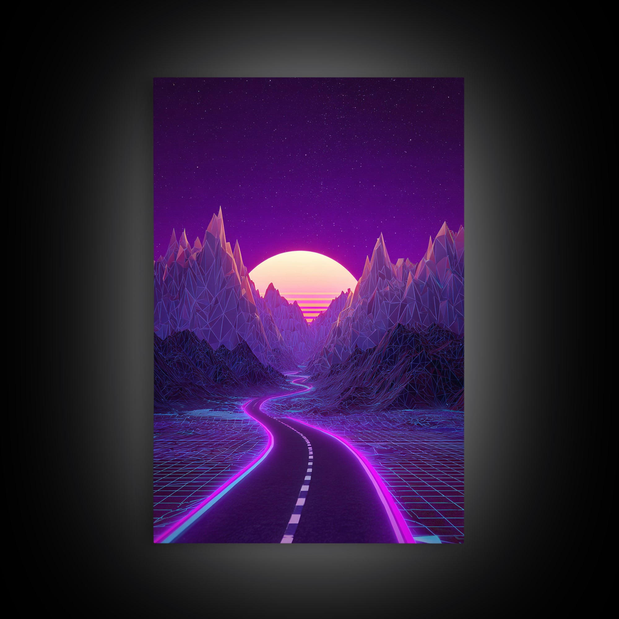 Cyberpunk Cityscape At Night With Purple Neon Lights Reflecting On Water Modern Wall Art Framed Canvas Print For Trendy Decor