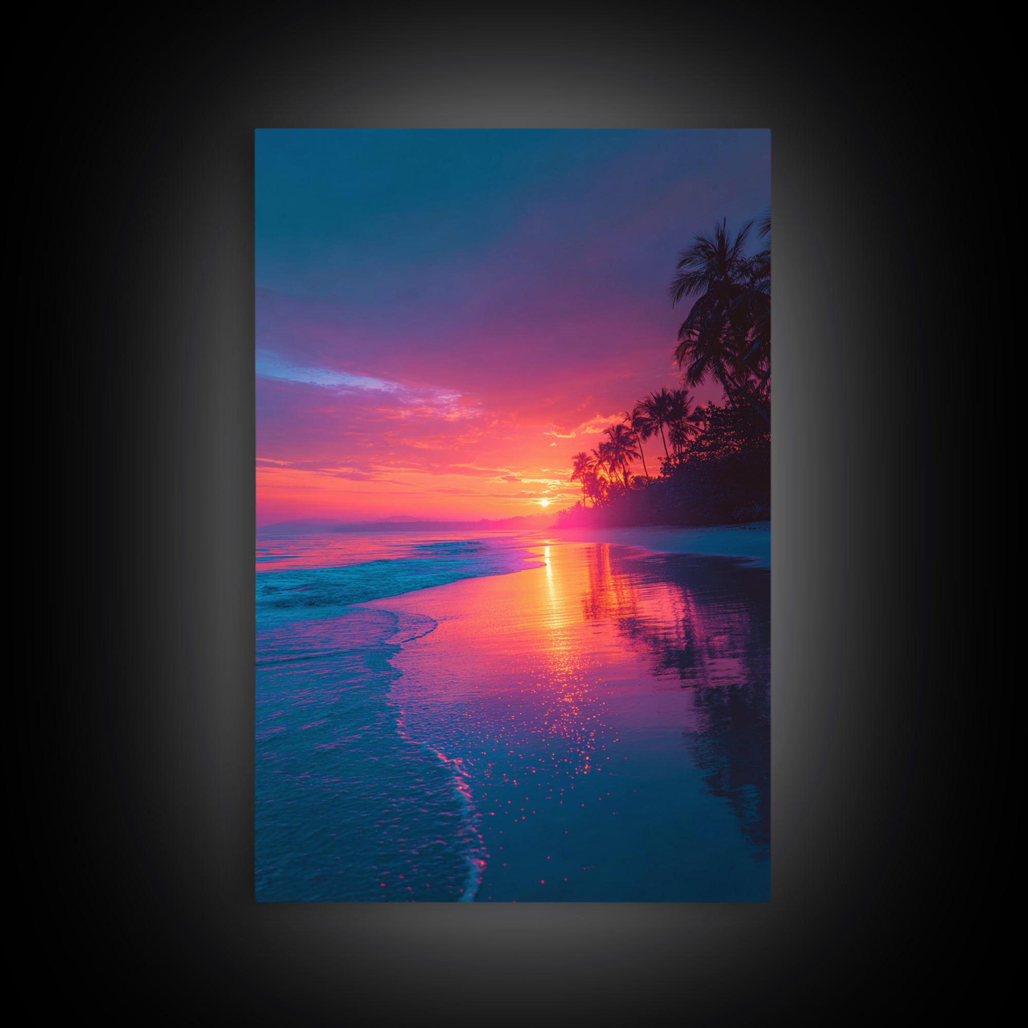 Colorful Tropical Beach Sunset With Palm Trees Vibrant Landscape Wall Art Modern Framed Canvas Print Coastal Home Decor