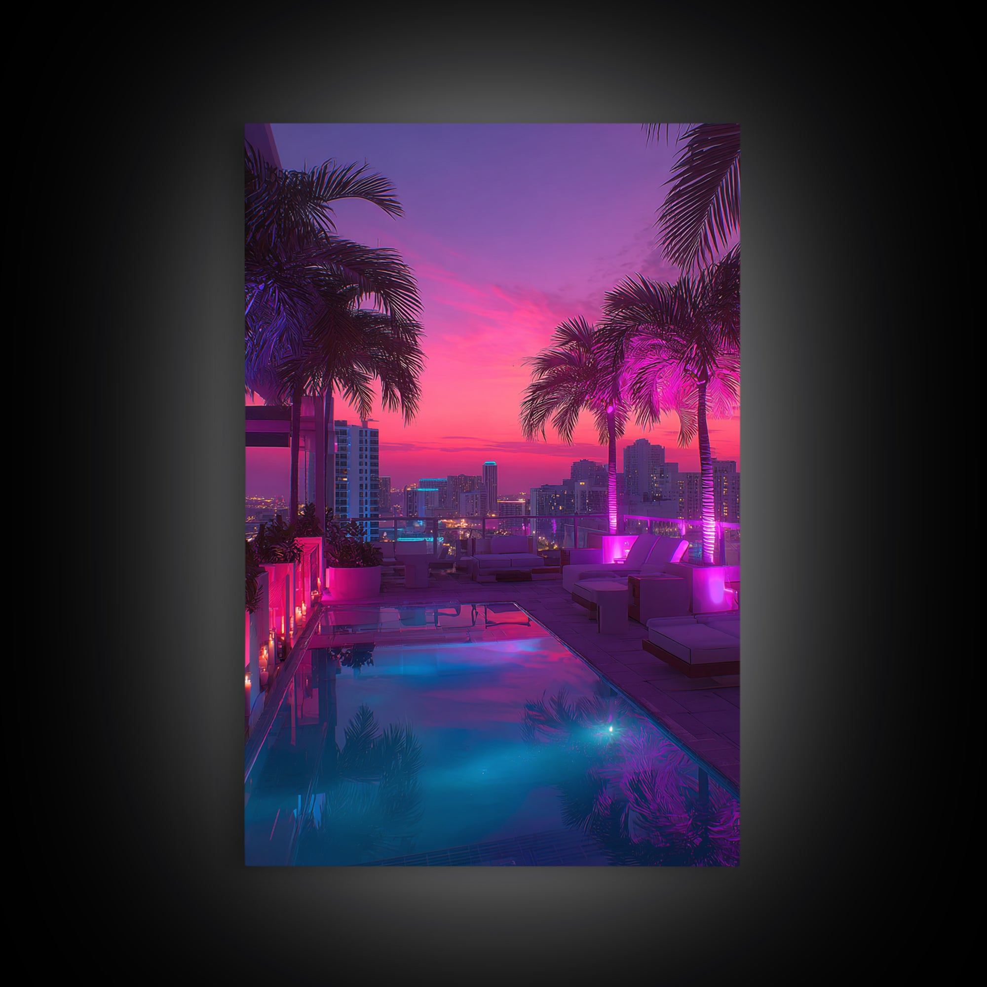 Modern Rooftop Pool Sunset Miami Cityscape Night View Wall Art Canvas Print For Office Living Room Decor