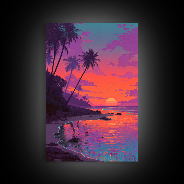 Colorful Tropical Sunset Beach With Palm Trees Reflecting In Water Vibrant Wall Art Canvas Print