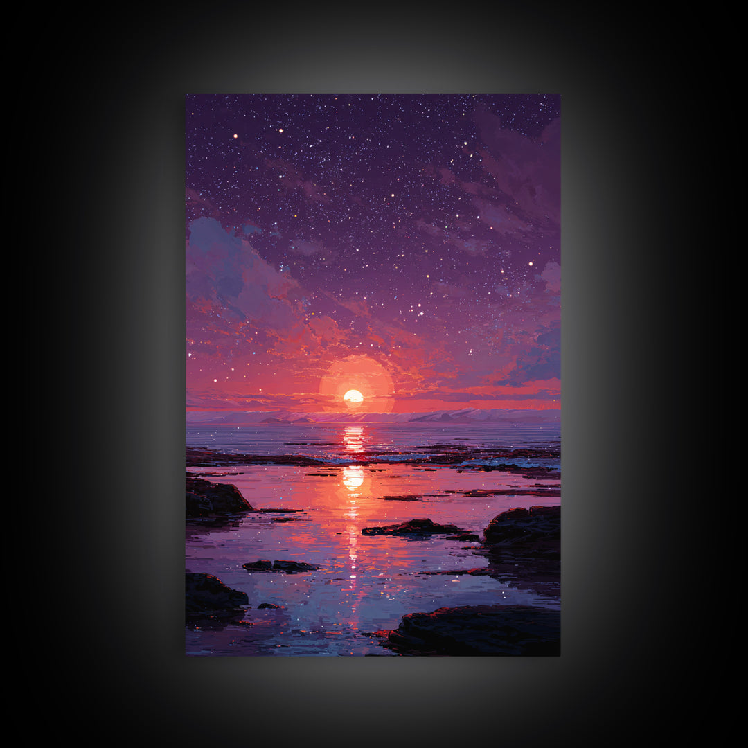 Stunning Starry Night Ocean Sunset Digital Painting Colorful Wall Art Canvas Print Modern Coastal Decor