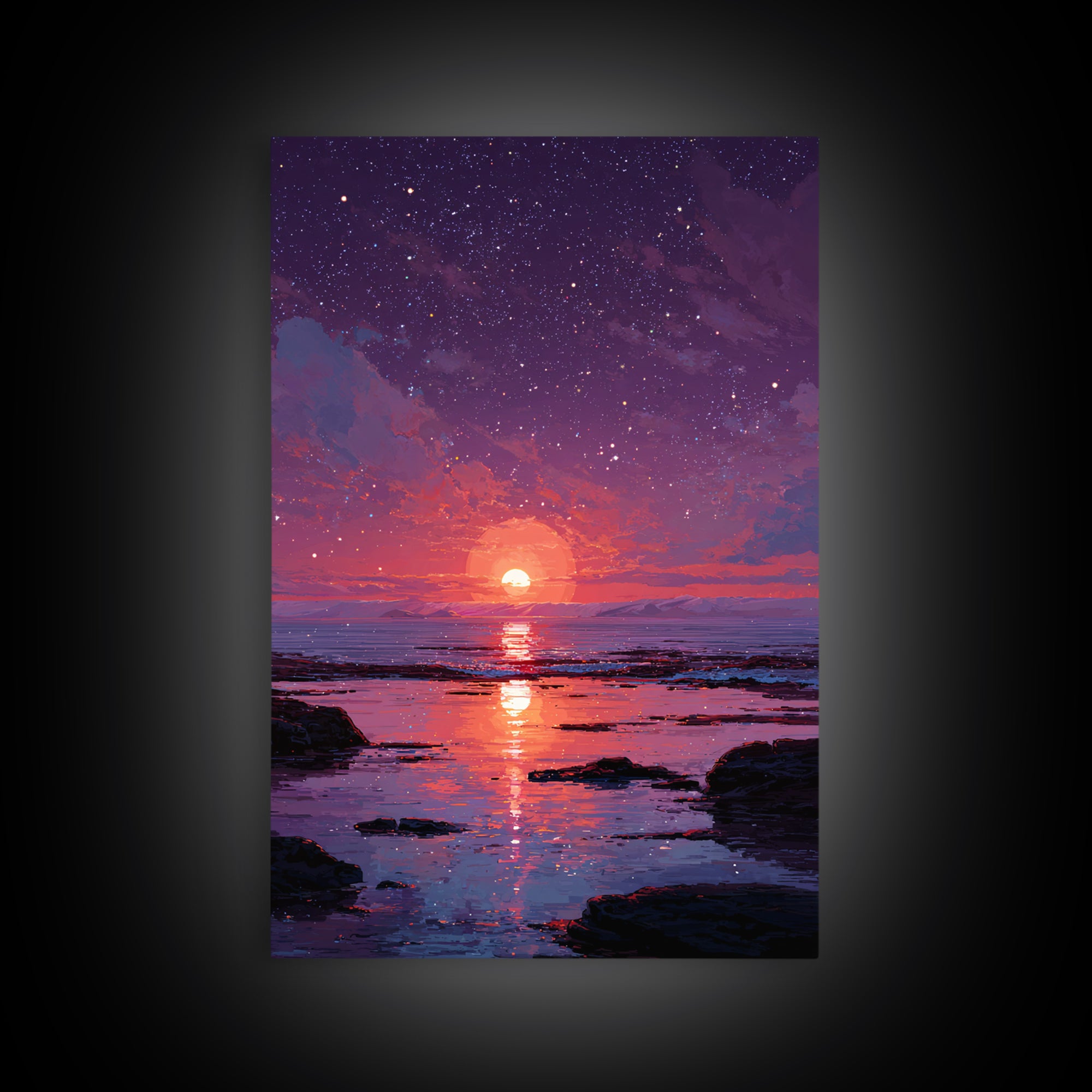 Stunning Starry Night Ocean Sunset Digital Painting Colorful Wall Art Canvas Print Modern Coastal Decor
