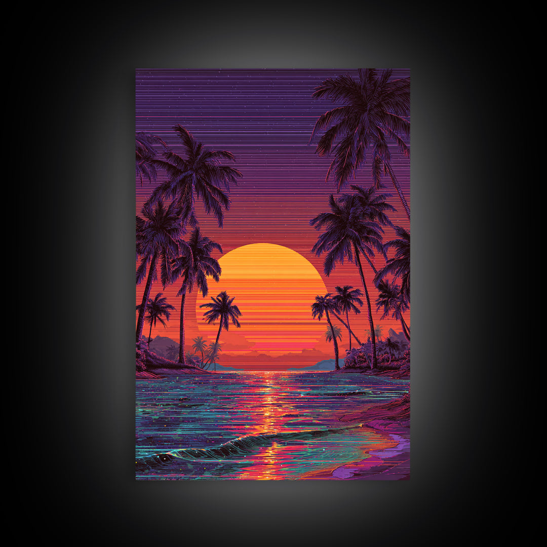Vibrant Retro Sunset Beach Scene Canvas Print Featuring Palm Trees And Ocean Waves Colorful Coastal Wall Art Home Decor
