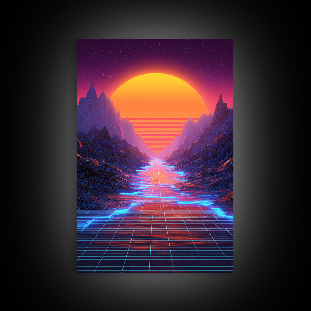 Retro Synthwave Landscape With Neon Grid Road And Large Sun Wall Art Canvas Print For Modern Living Room Decor
