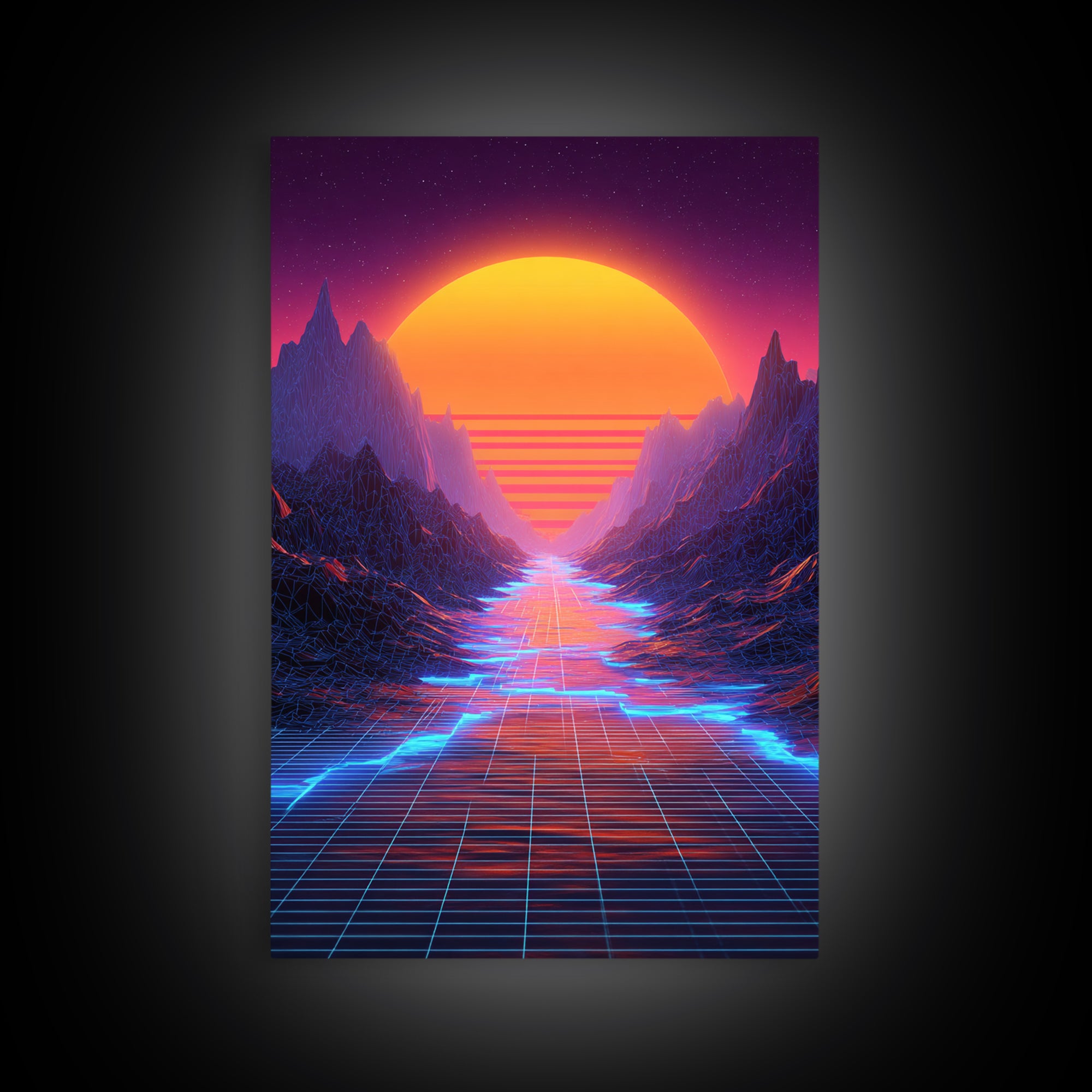 Retro Synthwave Landscape With Neon Grid Road And Large Sun Wall Art Canvas Print For Modern Living Room Decor