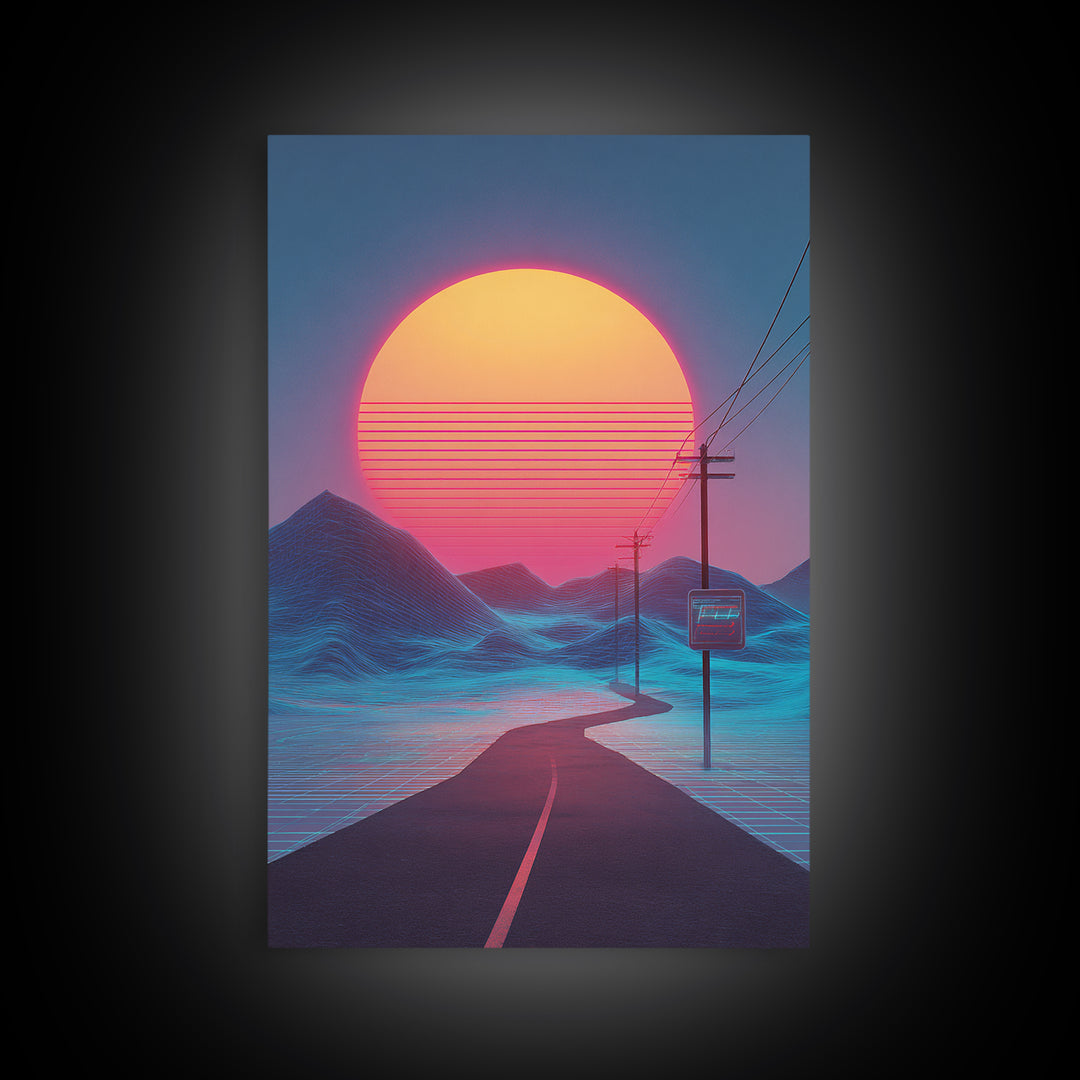Synthwave Landscape With Electric Colors Neon Sun And Grid Mountains Digital Wall Art Canvas Print