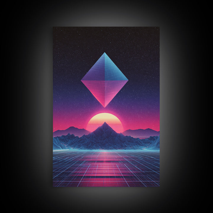 Futuristic Neon Pyramid Sunset Scene Wall Art Featuring Geometric Mountains With A Vibrant Canvas Print