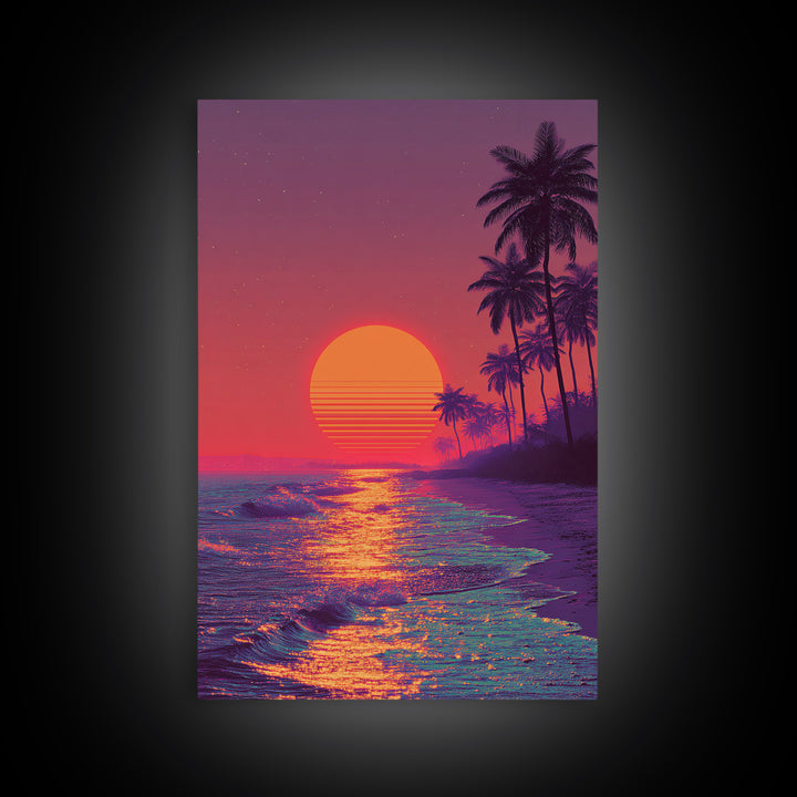 Vibrant Neon Sunset Over Tropical Beach With Palm Trees Wall Art For Modern Home Decor And Living Room Canvas Print