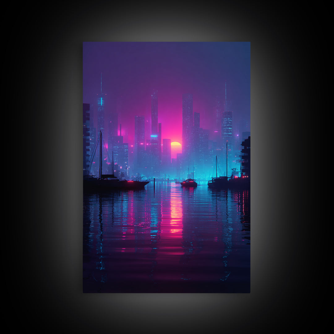 Futuristic Neon Cityscape With Sun Setting Over Harbor Framed Canvas Print For Cyberpunk Wall Art And Modern Home Decor