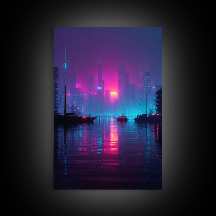 Futuristic Neon Cityscape With Sun Setting Over Harbor Framed Canvas Print For Cyberpunk Wall Art And Modern Home Decor