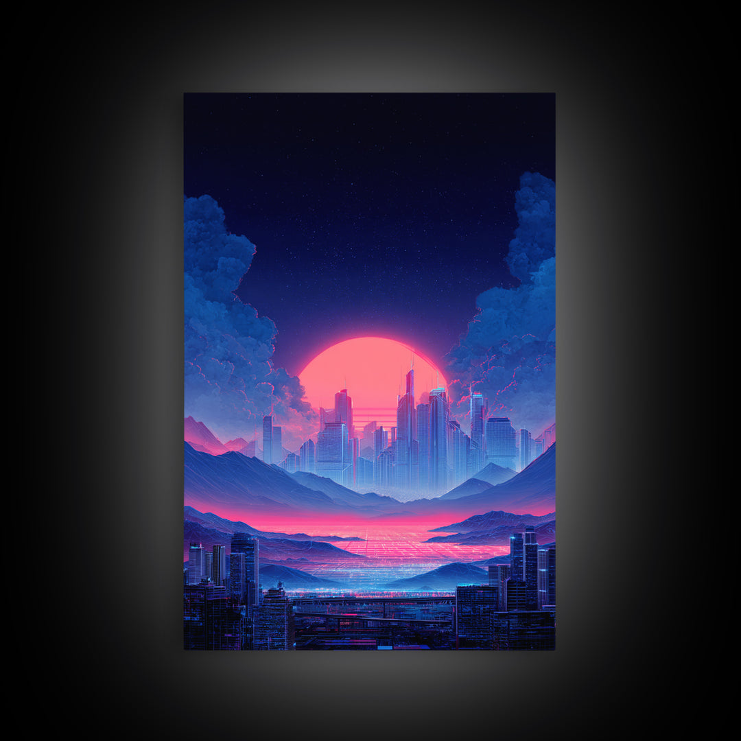 Futuristic Vibrant Neon Cityscape Digital Artwork Cyberpunk Sunset Modern Wall Art Large Framed Canvas Print