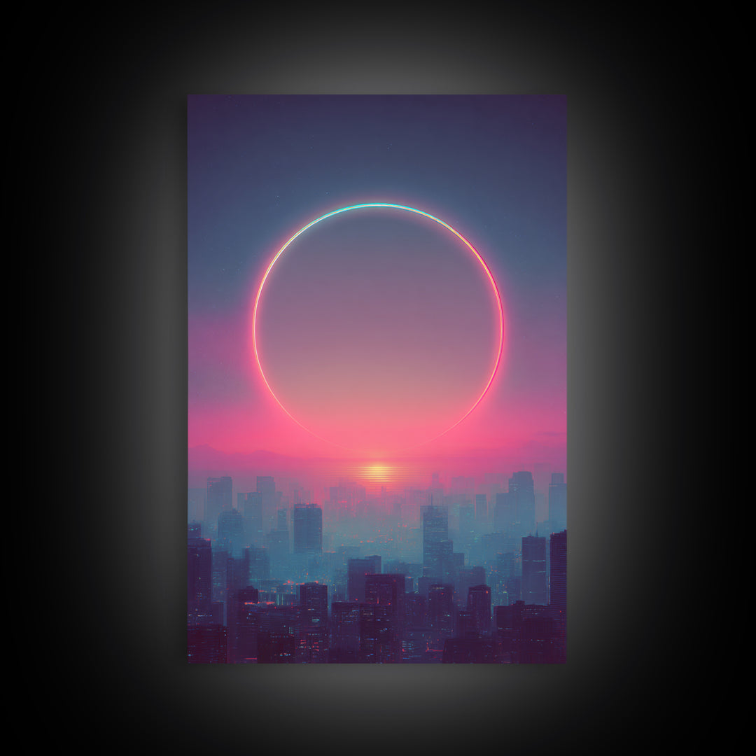 Mystical City Sunset With Crescent Neon Ring Over Buildings Framed Canvas Print For Futuristic Wall Art And Modern Decor