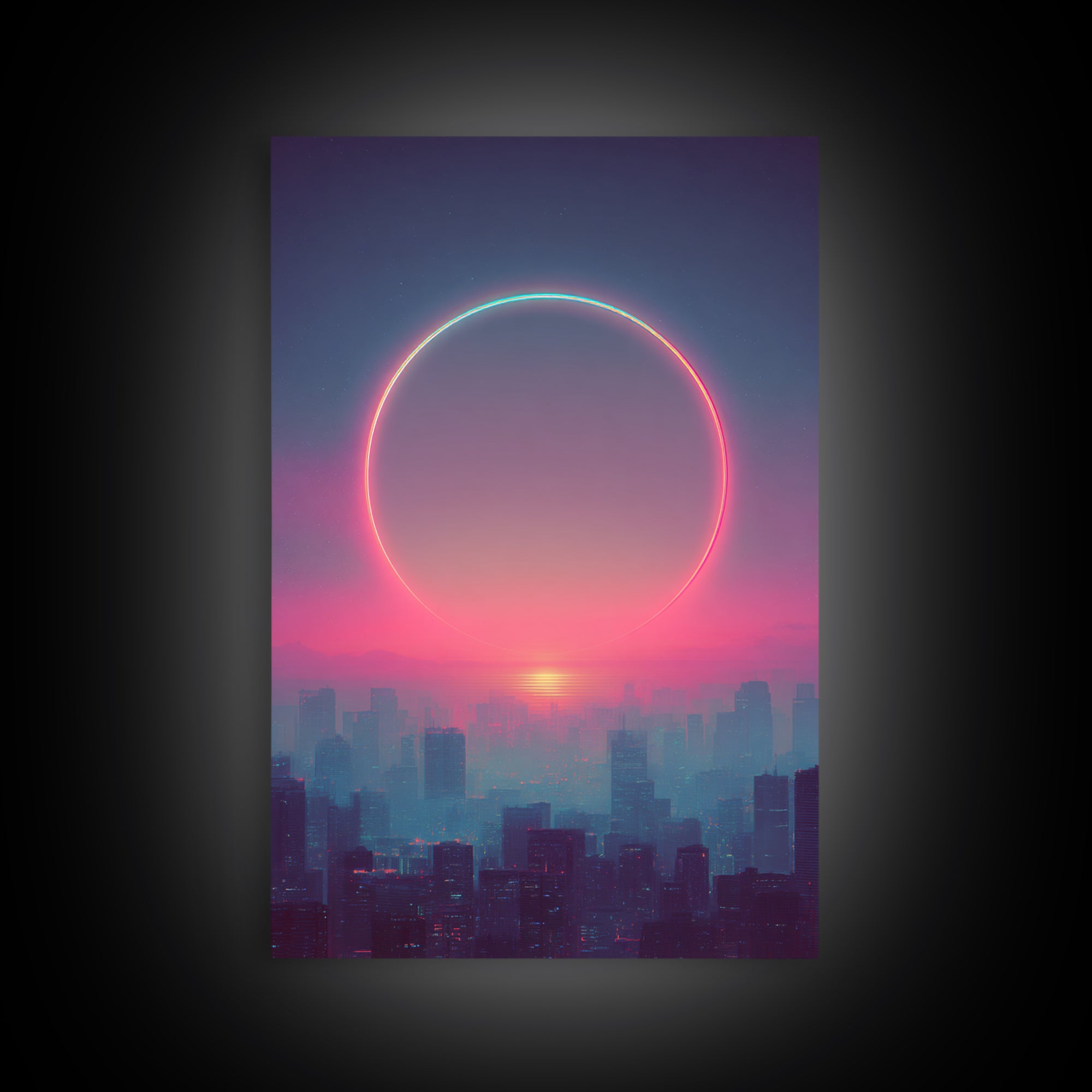 Mystical City Sunset With Crescent Neon Ring Over Buildings Framed Canvas Print For Futuristic Wall Art And Modern Decor