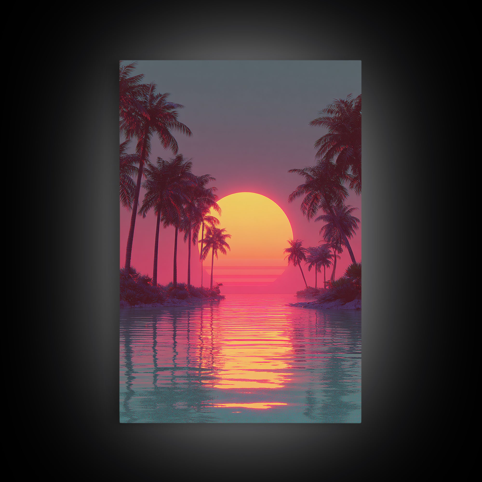Retro Futuristic Vibrant Palm Trees Sunset With Neon Pink Sky Canvas Print Tropical Wall Art Coastal Decor Modern Wall Art