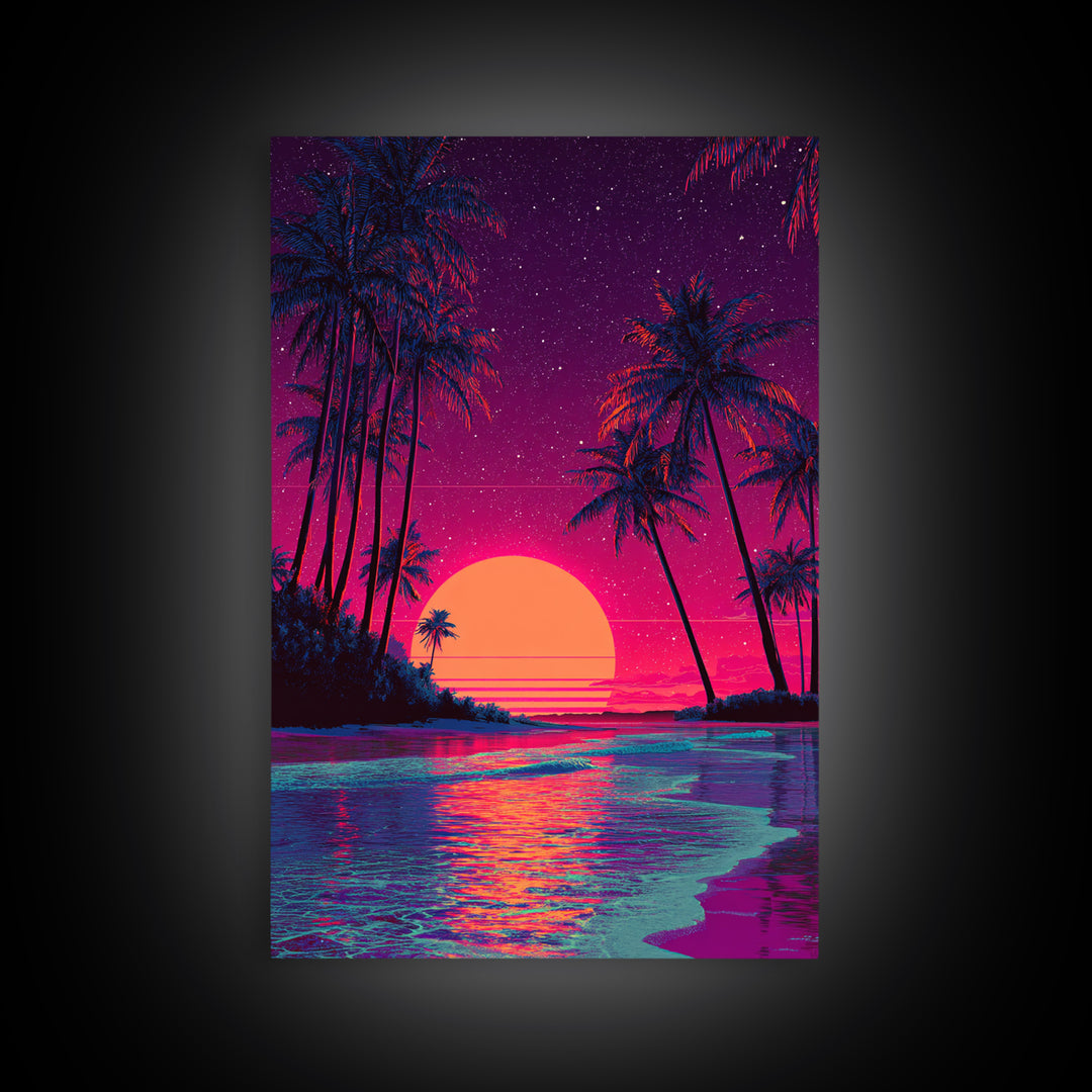Retro Tropical Sunset With Palm Trees And Starry Sky Wall Art Canvas Print For Boho And Coastal Bedroom Decor