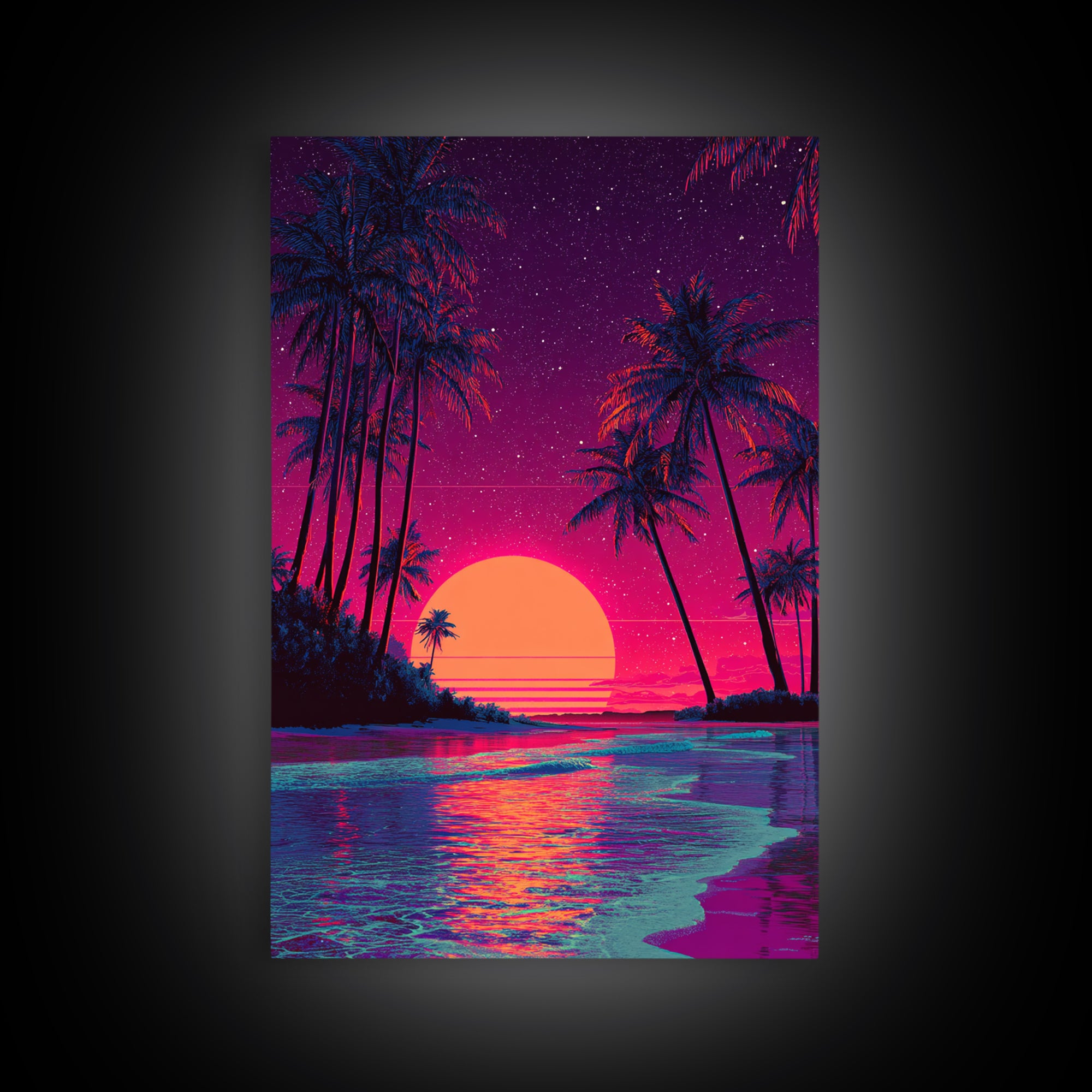 Retro Tropical Sunset With Palm Trees And Starry Sky Wall Art Canvas Print For Boho And Coastal Bedroom Decor